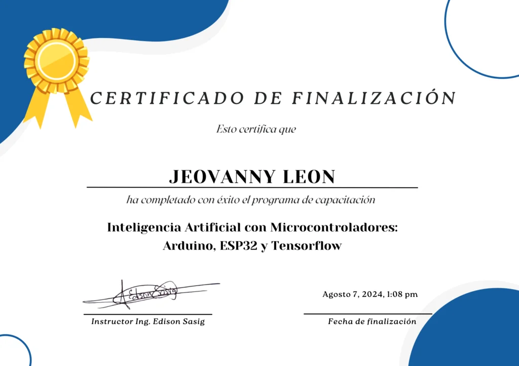 Certificado curso inteligencia artificial con Arduino