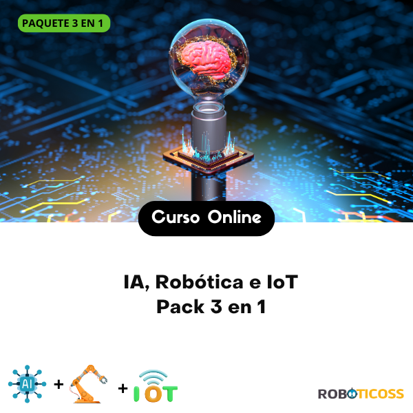 Imagen del combo Paquete Tecnológico 3 en 1: Domina la IA, Robótica y el IoT desde Cero. Destaca elementos visuales que representan los tres cursos: un microcontrolador ESP32 para IA, simulaciones de robots manipuladores para robótica moderna, y dispositivos conectados para proyectos de IoT, resaltando la aplicación práctica de estas tecnologías.