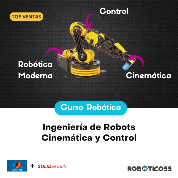 Brazo robótico con fondo tecnológico representando el curso de robótica, cinemática y control avanzado de brazos robóticos.