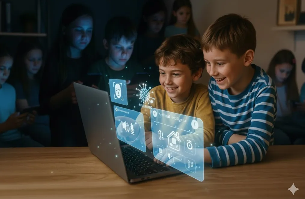 Dos grupos de niños sentados en un aula: en el frente, varios niños colaboran frente a una computadora portátil diseñando herramientas de inteligencia artificial; al fondo, otros niños están absortos mirando individualmente sus teléfonos móviles.