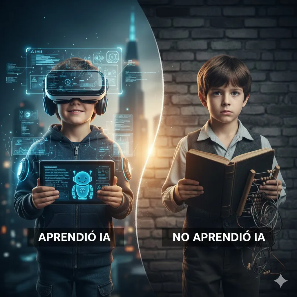 Comparativa de aprendizaje tecnológico: A la izquierda, un niño con aspecto moderno domina herramientas de Inteligencia Artificial y metodología STEAM; a la derecha, un niño muestra dificultad al interactuar con tecnología convencional sin formación previa en IA.